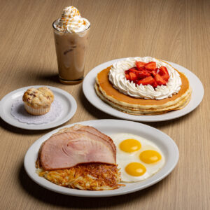 Strawberry Pancakes and Spiral Cut ham and eggs small